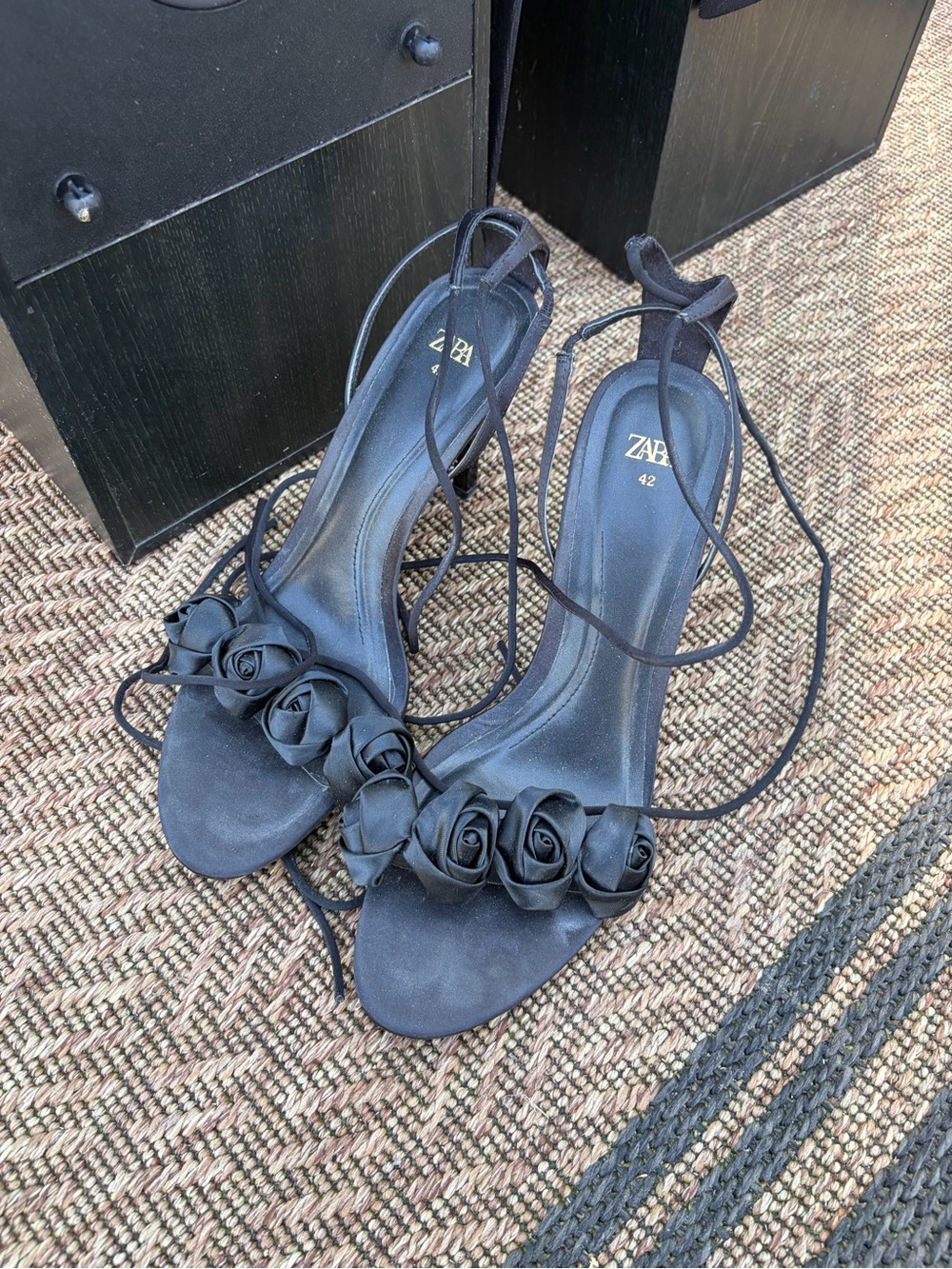 Zara Black Rose-Accent Lace-Up Heeled Sandals